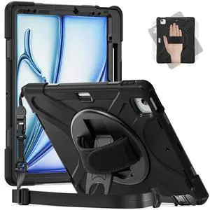 Batianda Case for iPad Air 11 inch 2025 M3 2024 M2 Chip Heavy Duty Rugged Durability Silicone Tablet Cover with 360deg Rotating Hand Strap Foldable Hidden Stand & Shoulder Strap, Black