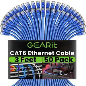 GEARit Cat 6 Ethernet Cable (50-Pack 3 Feet) Cat6 Network Patch, 10Gbps, RJ45, Snagless Cord, Gold-Plated Connectors, Internet for PC, TV, Tablet, Router, Printer, Servers, IT Data Center - Blue