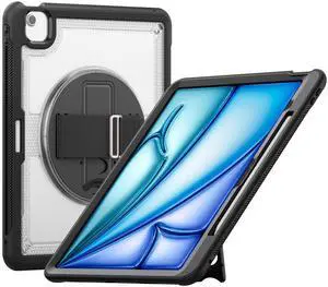 Batianda Case for iPad Air 13-inch 2025 M3 2024 M2 Chip Multilayered Rugged Durable Shockproof Tablet Cover with 360deg Rotating Hand Strap Foldable Hidden Stand, Transparent