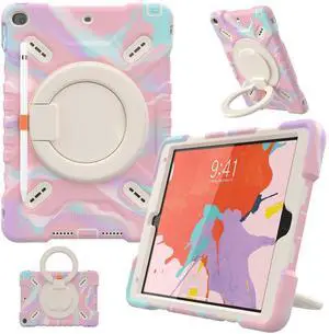 PEPKOO Triple Shockproof Case for iPad 9th/8th/7th Generation 10.2 inch 2021/2020/2019, Air 3rd Generation 10.5", Rugged Kid Cover with Pencil Holder/Handle Kickstand/Shoulder Strap, Colorful Pink