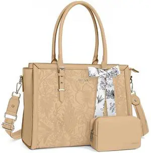 MOSISO Laptop Bag for Women, 15.6-16 inch PU Leather Tote Bag Compatible with MacBook, HP, Dell, Asus Notebook, Front Embossed Retro Hibiscus Computer Bags with Silk Scarf&Clutch Purse, Apricot