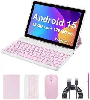 Android 15 Tablet, 10 inch 2 in 1 Tablets with Keyboard, 18GB RAM 128GB ROM 2TB Expand, Quad-Core 2.0Ghz CPU, 5G WiFi 6, BT5.0, 1280x800 HD Touchscreen, 6000mAh, Widevine L1, Google Tablet, Pink