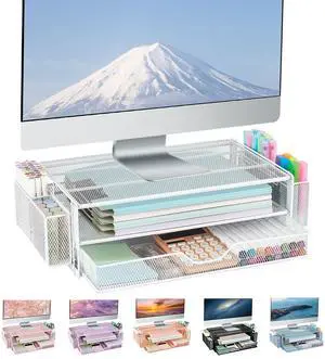 AUPSEN Computer Monitor Stands with Drawers and 2 Pen Holder, Desk Accessories & Workspace Desk Organizers, Monitor Stand for Computer, Laptop, Printer, Office Supplies(White)