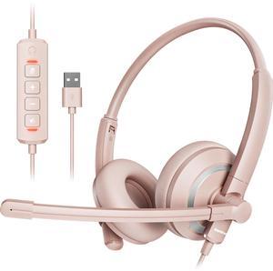 awatrue Computer USB Headset with Microphone for PC Laptop - WiredHeadphones with in-Line Control, Lightweight, Enhanced Sound & MIC Mute(Pink)