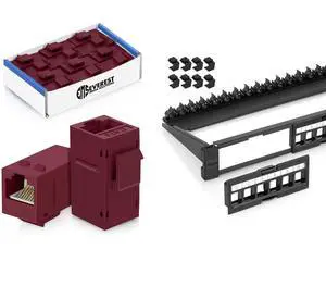 Everest Media Solutions Bundle - 2 Items: 24-Port Keystone Patch Panel + 12 Pack of RJ45 CAT6 Keystone Couplers - Red