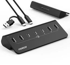 FIDECO Powered USB Hub, 7 Port USB 3.2 Gen 2, 10Gbps Fast Data Hub for iPhone 16/15 Series, Aluminum USB Splitter with 5V 3A Power Adapter, 4 USB-A and 3 USB-C Ports, Support BC1.2 Charging