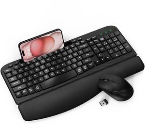 Wireless Keyboard and Mouse Combo, Wave Keys Computer Ergonomic Keyboard with Cushioned Plam Rest, Phone Holder, 2.4GHz Silent 6 Button Wireless Mouse Set for Laptop, PC, Windows, Mac (Black)