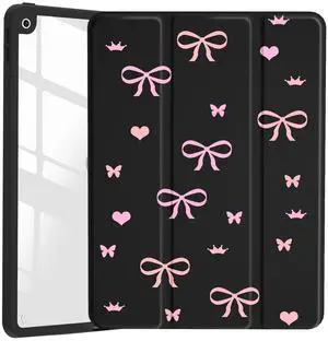 JOYLAND Cute Pink Bow Pattern Case for iPad Pro 11" 4th/3rd/2nd/1st Generation (2022/2021/2020/2018), Clear Acrylic Hard Back Case with Pencil Holder Trifold Stand Tablet Cover