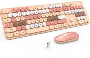 LIZRROT Wireless Keyboard and Mouse, Silent Keyboard Mouse Combo, Full-Sized Colorful Typewriter Keyboard with Round Keycaps, 2.4G Cute Mouse Compatible with PC/Laptop/Computer(Dark Milk Tea)