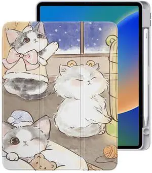 Cute Kawaii Cat for iPad 10th Generation Case 10.9 Inch 2022 with Pencil Holder, Foldable Leather Cover Case, Support Auto Sleep Wake