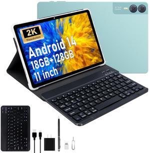 2025 Latest 11 inch 2K Tablet with Keyboard Android 14 2000x1200 2 in 1 Tablets PC, T616 Octa Core, 18GB RAM+128GB ROM, 5+5+13MP Camera, 9000mAh Battery 4 Speakers, 5G WiFi, with Case, Stylus - Green