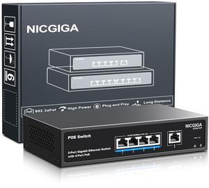 4 Port Gigabit PoE Switch Unmanaged with 4 Port IEEE802.3af/at PoE @78W, 1 x 1000Mbps Uplink, NICGIGA 5 Port Network Power Over Ethernet Switch, VLAN Mode, Desktop/Wall-Mount.