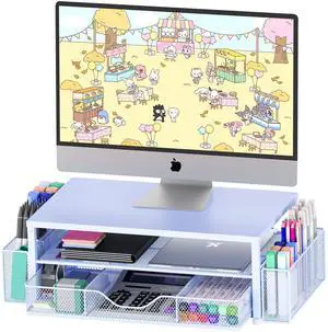 OPNICE Desk Organizers and Accessories, 2-Tier Computer Monitor Stand for Desk Organizer with Drawer and 2 Pen Holders, Office Desk Accessories Workspace Desktop Organizers for Office Supplies, Blue