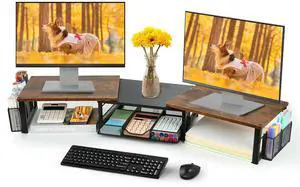 OPNICE Desk Dual Monitor Stand Riser - Desk Organizer with Drawer and Pen Holders, Office Desk Accessories & Workspace Organizers, Office Organization Computer Monitor Stand for Laptop, Printer, TV, O