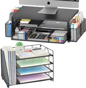 OPNICE Desk File Organizer with Monitor Stand(Black)