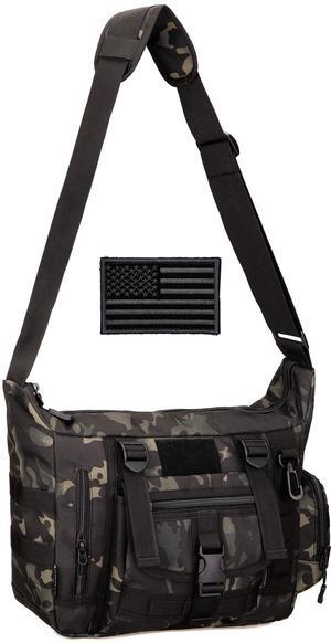 Protector Plus Tactical Messenger Bag Men Military MOLLE Sling Shoulder Pack Briefcase Assault Gear Handbags Outdoor Utility Carry Satchel Laptop Case (Patch Included), Black Camo