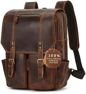 ROMAHE Full Leather Backpack for Men, Business Travel Daypack with Laptop Compartment Organizer, Brown, Large