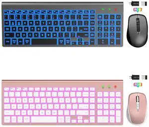 SABLUTE 2 Pack Compact Wireless Keyboard and Mouse Combo Backlit - Quiet Keyboard with RGB Mouse, Rechargeable, Slim, Sleep Mode, Portable Cordless Keyboard Mouse Set for Mac, Windows, Laptop