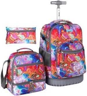 seastig Rolling Backpack 18in Wheeled Backpack with lunch bag and Pencil Case Set Roller Backpack Laptop Backpack Adults Kids