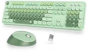 SbocKeeb Wireless Keyboard and Mouse Set, Retro Typewriter Style, 2.4GHz Full Size 104-Key With Number Pad, Colorful Round Keycaps for Windows PC Laptop (Light Green)
