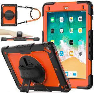 SEYMAC stock Case for iPad 6th / 5th Generation Case/Air 2 / Pro 9.7 inch, Heavy Duty Protective with Screen Protector, with Pencil Holder, Hand Strap, Shoulder Strap, 360 Rotate Stand, Orange+Black