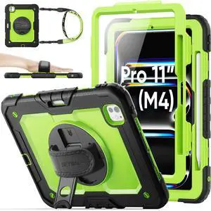 SEYMAC stock Case for iPad Pro 11 inch Case 2024 (M4), Shockproof Protective with Pencil Holder, Screen Protector, 360deg Rotate Stand, Adjustable Hand Strap, Shoulder Strap, Green