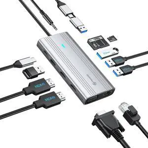 PHIXERO 12 in 1 USB Docking Station Triple Monitor for Mac M1/M2, Displaylink Dock with 2 HDMI & 1 VGA, 3 USB 3.0 &1 USB 2.0, SD/TF Port, Ethernet, Audio, Compatible with Thunderbolt, Windows,et