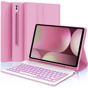 Keyboard Case for Samsung Galaxy Tab S10+ Plus/ S9 Plus/S9 FE+/ S9+/ S8+ Plus/S7+ Plus/S7 FE 12.4 Inch with S Pen Holder, Backlit Smart Keyboard case (Pink)