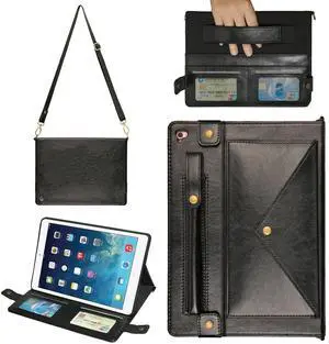 Handbag Case for Apple iPad 5/iPad 6 9.7", iPad Air 1st/2nd Generation Cases, Techcircle Folio Stand Crossbody Wallet Case with Pencil Holder, Hand Strap & Shoulder Strap Soft Protective Cover, Black
