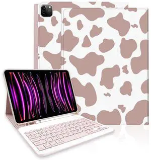 TopPerfekt for iPad Pro 11" 4th/3rd/2nd/1st Gen (2022/2021/2020/2018) Keyboard Case, Magnetically Absorbent, Auto Sleep/Wake, Support 2nd Gen Pencil Wireless Charge, with Pencil Holder - Brown Cow