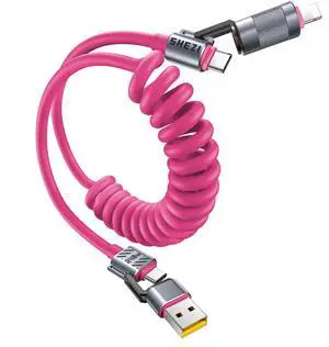 Vexipia 4-in-1 Coiled USB C Cable for Car 5FT [240W Fast Charging] Compatible with Lightning Cable [CarPlay & Android Auto] Multi Charger Cord Combo with L/Type C/USB A Ports for iPhone/iPad (Pink)