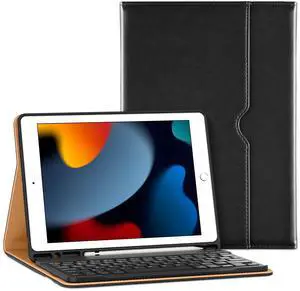 VIKESI Keyboard Case for iPad 9th / 8th / 7th Generation 10.2 inch (2021/2020/2019), Premium Leather Smart Cover, Built-in Breathing Light, Function Row, Pencil Holder, Card Slots - Black