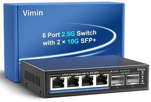 6 Port 2.5G Unmanaged Network Switch, VIMIN 4X 2.5Gbase-T Ports, 2X 10G SFP+ Port, 60Gbps Switching Capacity, IEEE802.3, Metal Housing, Fanless, Work for 2.5Gbps NAS, Wireless AP & PC