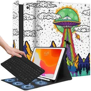 Wazzasoft for iPad 9th/8th/7th/Air 3rd Generation/Pro 10.5 Inch Case Keyboard Pencil Holder Folio Tablet Cover Men Boys Cute Teen Cool Fun Funny Alien Unique Design for Apple 10.2 & 10.5 Inch