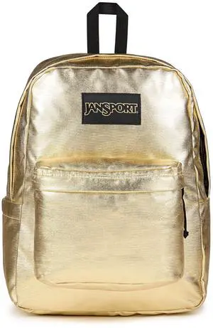 JanSport Superbreak Plus FX Backpack - Work, Travel, or Laptop Bag with Water Bottle Pocket - Surreal Shine Gold
