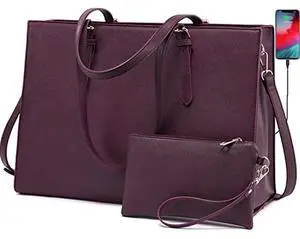 LOVEVOOK Laptop Bag for Women, Fashion Computer Tote Bag Large Capacity Handbag, Leather Shoulder Bag Purse Set, Professional Business Work Briefcase for Office Lady, 2PCs, 15.6-Inch, Deep Plum