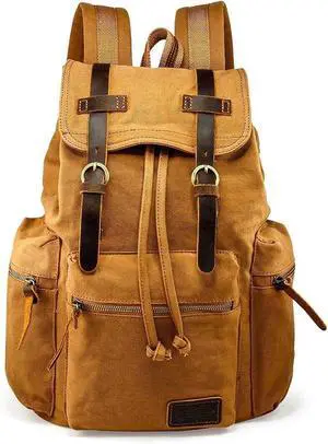 GEARONIC Vintage Canvas Backpack, Casual Daypack Backpacks for Men Women, 15inch Laptop Bag Travel Hiking Camping Rucksack - Yellow
