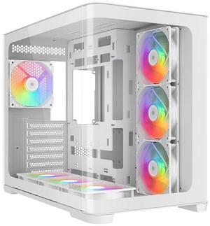 SAMA V60 Mid-Tower White PC Case, Curved Tempered Glass, 7 Pre-Installed ARGB PWM Fans and Fan Hub, USB Type-C, ATX/MATX/ITX Back-Connect Support, 360mm AIO Compatible, High Airflow Design
