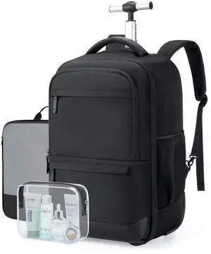 BAGSMART Rolling Travel Backpack, Water-Resistant Travel Laptop Backpacks with Wheels for Adults, 17 Inch Large Roller College Backpack Luggage Carry on with 2 Packing Cubes, Black