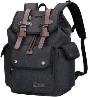 WITZMAN Canvas Backpack for Men Vintage Rucksack Fit 15.6 inch Laptop Backpack Travel High Capacity Casual Daypack (A8004 Black)