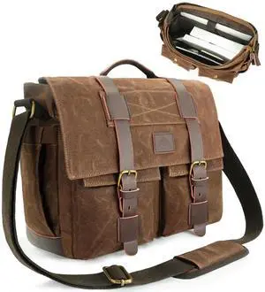 densata Messenger Bag for Men,13-14-15.6 Inch Laptop Bag Vintage Waxed Canvas Satchel Bag Leather Briefcase for School and Work(Vintage Brown)