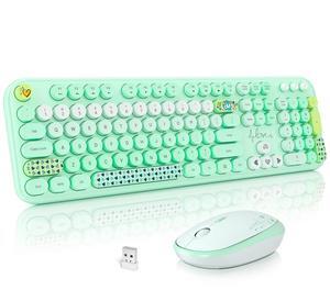 Atelus Wireless Keyboard and Mouse, Typewriter Full Size Keyboard with Number Pad and 2 in 1 USB Connected Mouse for Windows 7/8/10, Laptop, Desktop, PC, Computer (Green Colorful)