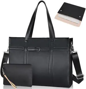 ESTARER Women's Laptop Leather Bag, 15.6 Inch Teacher Tote Bag with Removable Laptop Sleeve, Large Water-Resistant Shoulder Bag, Laptop Bag for Work/Travel/Office (3Pcs, Black)