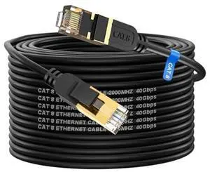 Cat 8 Ethernet Cable, 100FT High Speed Heavy Duty 26AWG Cat8 LAN Network Cable 40Gbps, 2000Mhz with Gold Plated RJ45 Connector, Outdoor&Indoor Internet Cable Compatible for Router Gaming Modem Xbox
