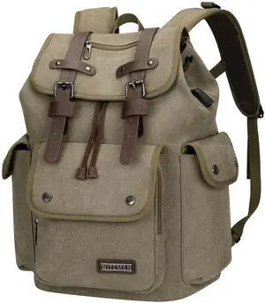 WITZMAN Canvas Backpack for Men Vintage Rucksack Fit 15.6 inch Laptop High Capacity Travel Backpack Casual Daypack (A8004 Army Green)