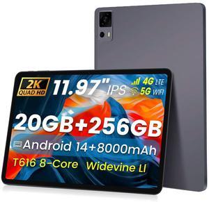 Tablet 12 inch Android 14 Tablet, 20(8+12) GB RAM 256GB ROM (Expandable to 1TB), T616 CPU, 8000mAh Battery, 18W PD Fast Charger, 4 Speakers, 5G WiFi + 4G LTE, Dual 13+5MP Camera, GPS (Gray)
