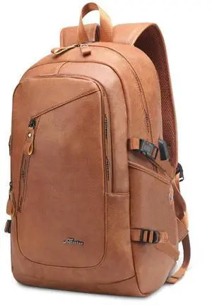 DYJ Vegan Leather Laptop Backpack for Women&Men, Faux Leather Vintage Weekend Travel Daypack with USB Charging Port Fit 17 Inch Laptops