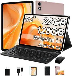 2025 Tablet 10 Inch Android 14 Tablets with Keyboard, 22GB RAM 128GB ROM, Widevine L1, Octa-Core, 8000mAh Battery, 5G Wifi, HD IPS Display, TF 1TB, GPS, Mouse, Case, Split Screen, Metal Body -Gold