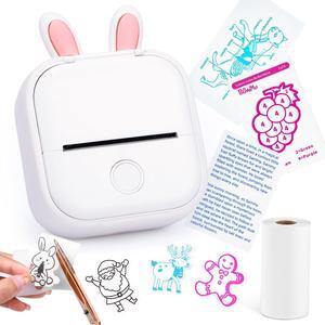 Memoking Mini Portable Printer - T02 Mini Inkless Printer Pocket Thermal Sticker Printer Mini Sticker Printer Mobile Picture Printer for Student, Gift, White (Bunny Case Not Included)