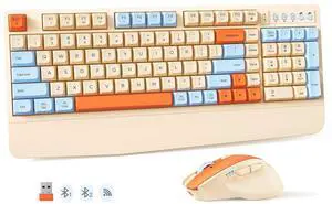 MEETION Colorful Wireless Keyboard and Mouse, Cute Retro Keycap, Bluetooth Ergonomic Rechargeable Keyboard with Detachable Wrist Rest Cover, 4 DPI Swing Mouse, for Windows/Mac/Computer/Laptop/PC Cream